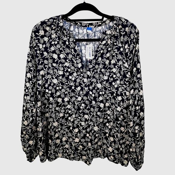 New Old Navy Size Medium Long Puff Sleeve Pull Over Floral Blouse Top Tunic - Picture 1 of 9